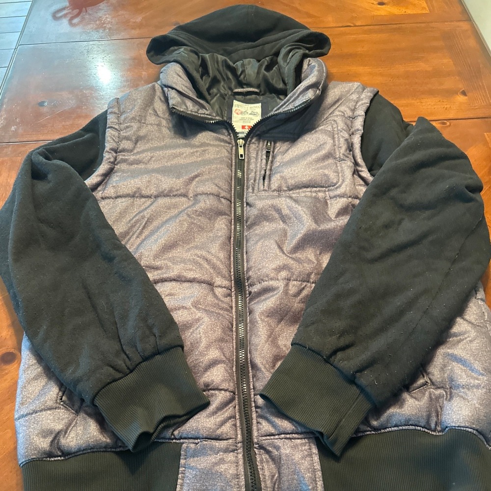 Swiss Cross Puffer Jacket Mens L Charcoal Black Excellent Hooded Mixed Media Zip